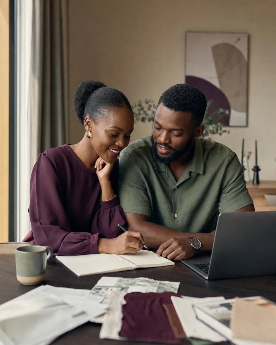 A Kenyan couple planning together at a table in a contemporary home