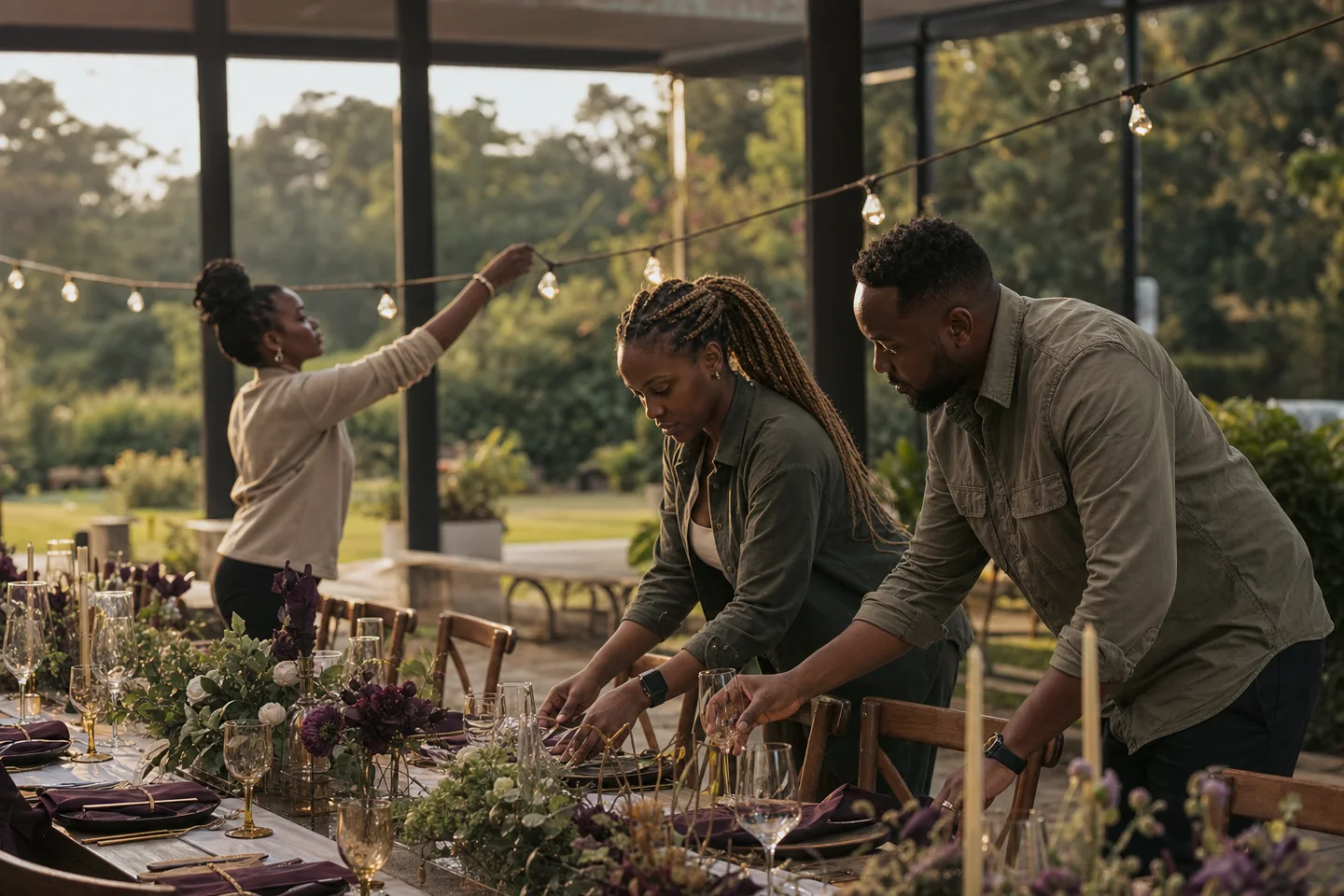 A Kenyan vendor team preparing an outdoor wedding reception